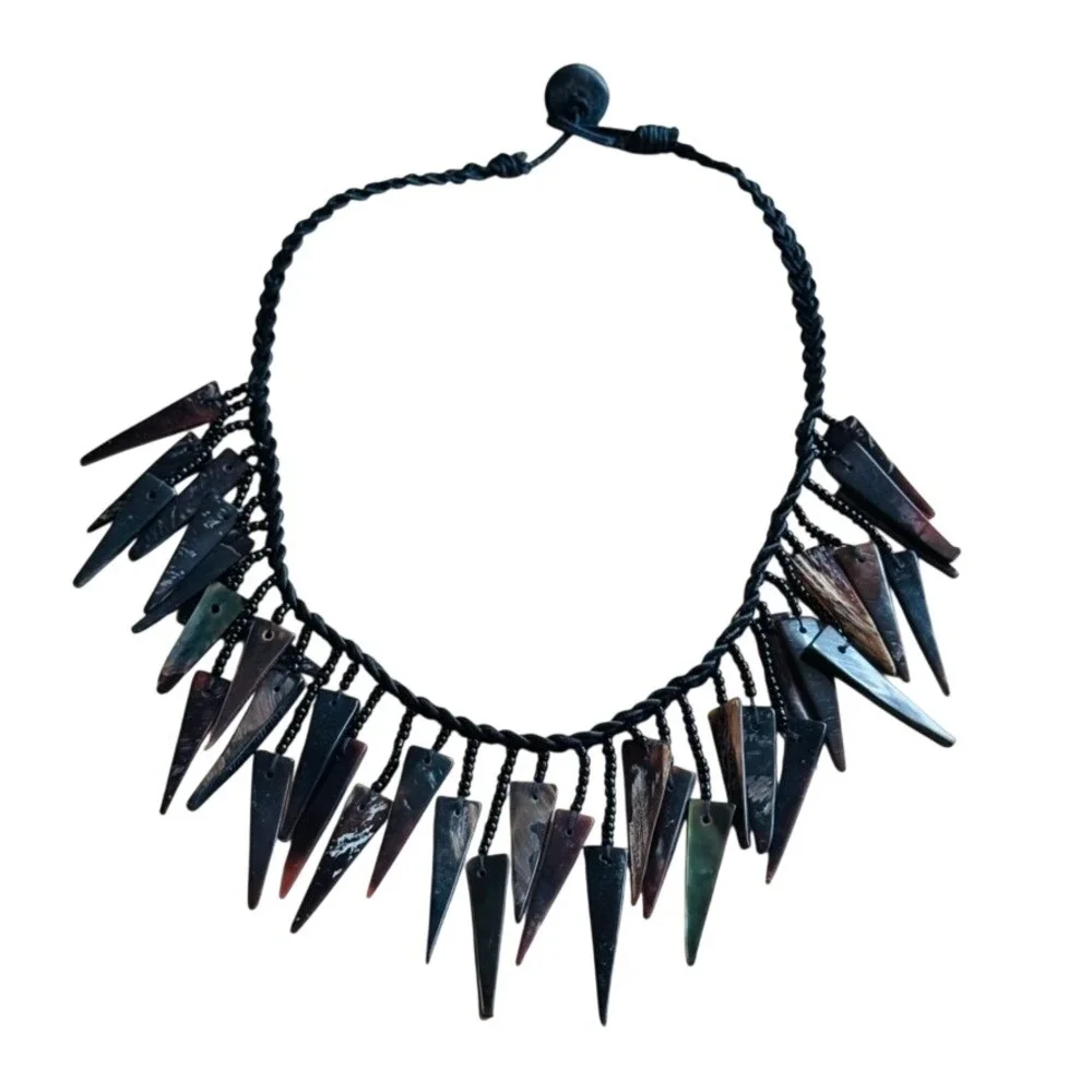 VTG Coconut Shell Spike Hawaiian‎ Necklace 70s Bib Statement Retro Beads Hawaii